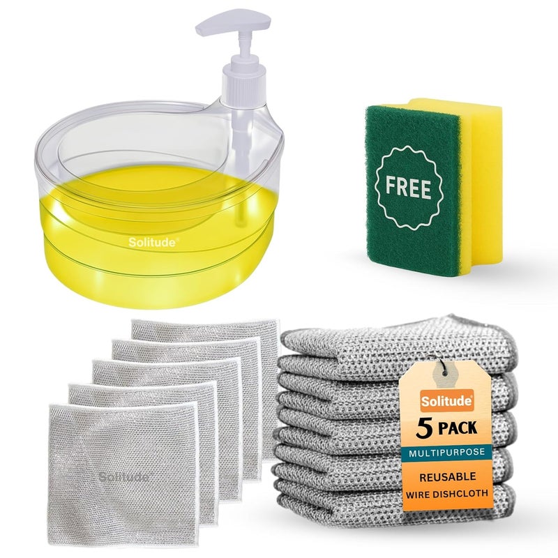 Solitude Double Layer Soap Dispenser for Dishwasher Liquid Dispenser Pump with Sponge Holder & Non-Scratch Wire Dishcloth Wire Dishwashing Rags for Kitchen Sink (Soap Dispenser, Sponge & 5 Wire Cloth) - Image 1