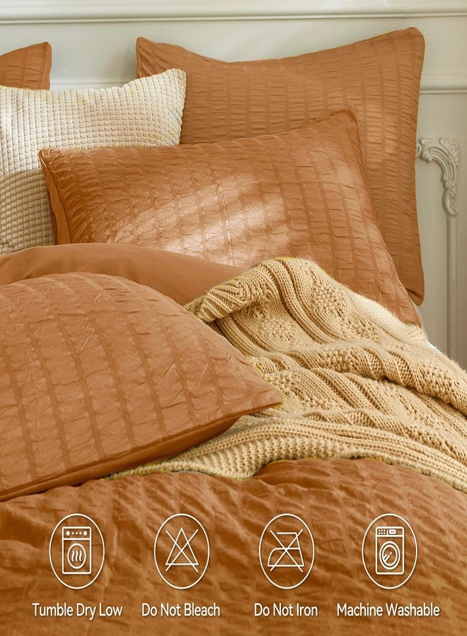 JELLYMONI Burnt Orange Duvet Cover Queen Size, 3pcs Washed Microfiber Bedding Set, Soft Breathable Seersucker Duvet Cover Set with Zipper Closure and Corner Ties for All Seasons - Image 4