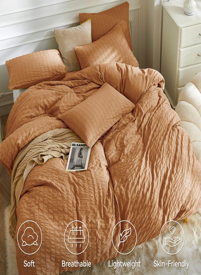JELLYMONI Burnt Orange Duvet Cover Queen Size, 3pcs Washed Microfiber Bedding Set, Soft Breathable Seersucker Duvet Cover Set with Zipper Closure and Corner Ties for All Seasons - Image 2