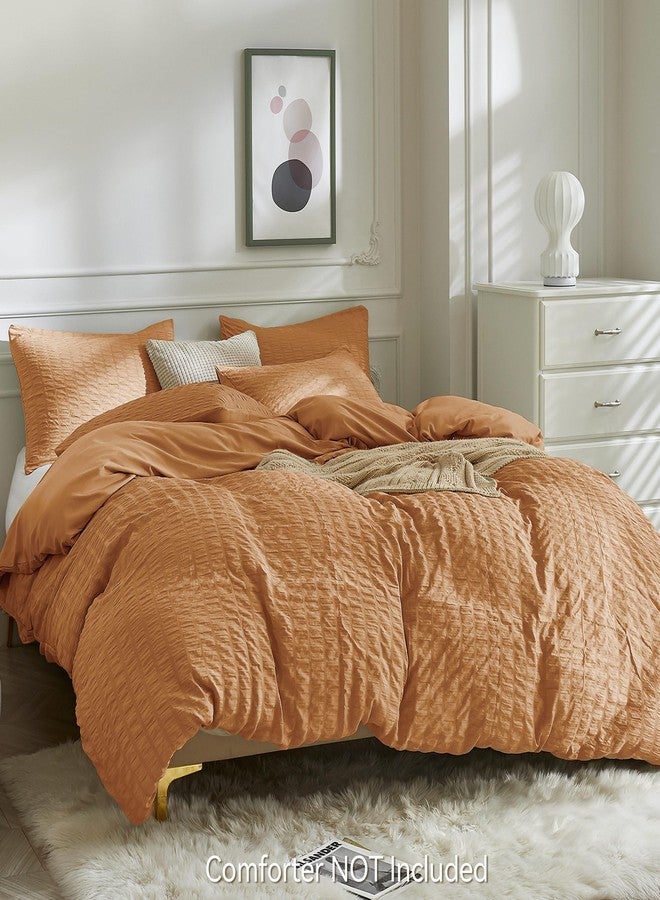 JELLYMONI Burnt Orange Duvet Cover Queen Size, 3pcs Washed Microfiber Bedding Set, Soft Breathable Seersucker Duvet Cover Set with Zipper Closure and Corner Ties for All Seasons - Image 3