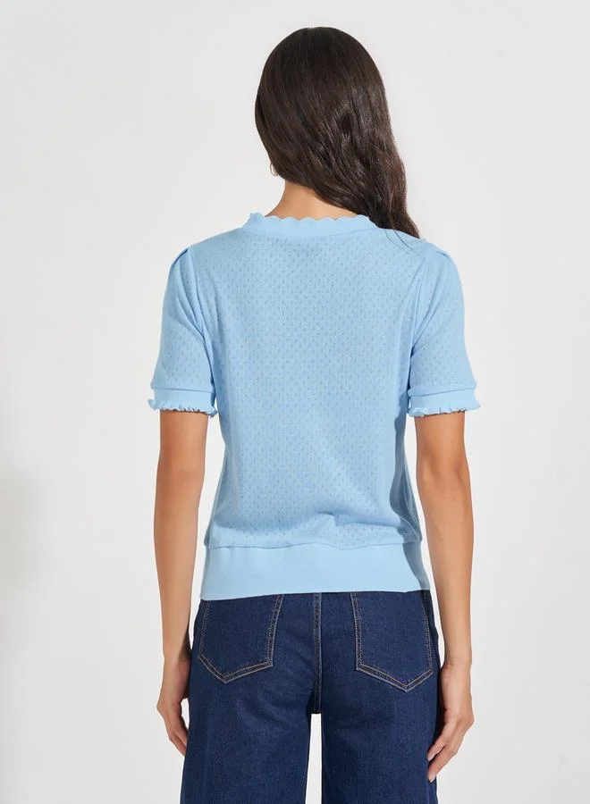 Styli Pointelle Knit Top with Lettuce Edge