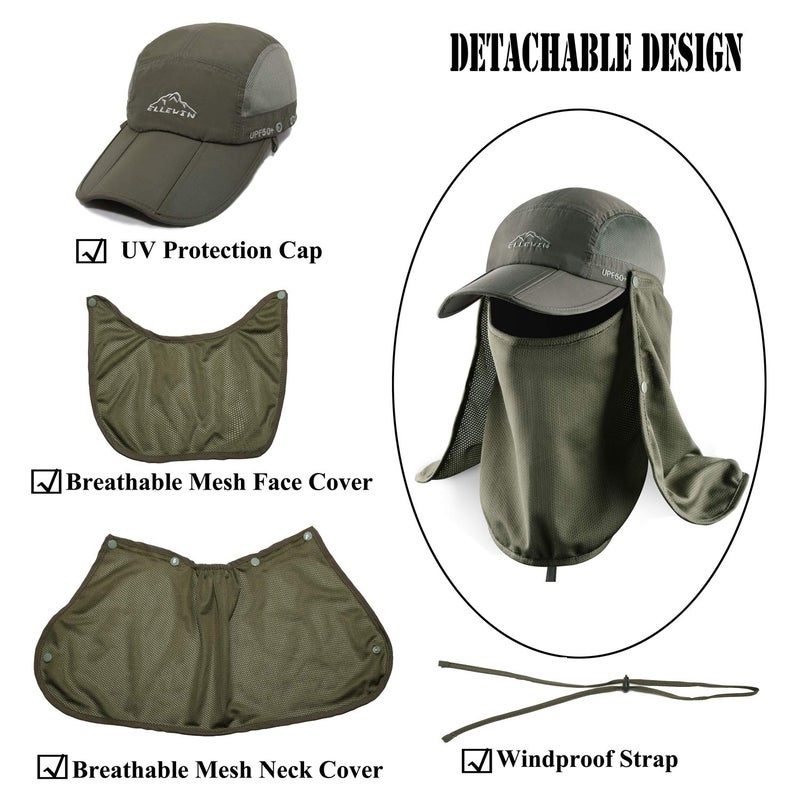 ELLEWIN Outdoor Fishing Flap Hat UPF50 Sun Cap Removable Mesh Face Neck Cover, D-army Green/ Mesh Neck Cover, M-L-XL - Image 3