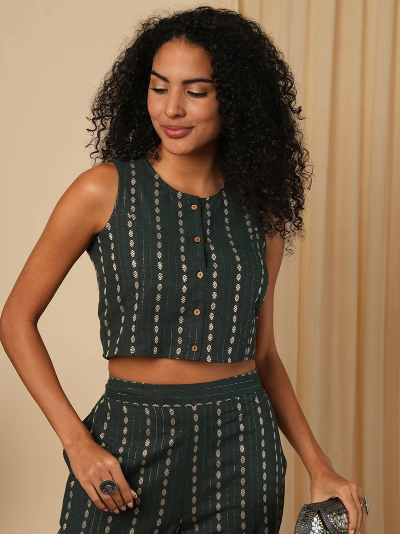 globus Women Green Floral Woven Design Crop Top With Straight Trousers