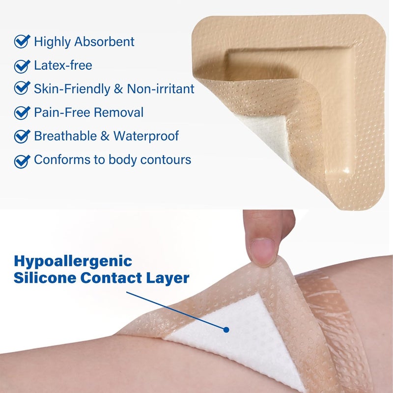 LotFancy Silicone Foam Dressing 4x 4 25x 25 Pad 10 Count Adhesive Wound Dressing with Border Bed Sores Pressure Ulcers Bandages Pads Sterile Highly Absorbent Waterproof - Image 3
