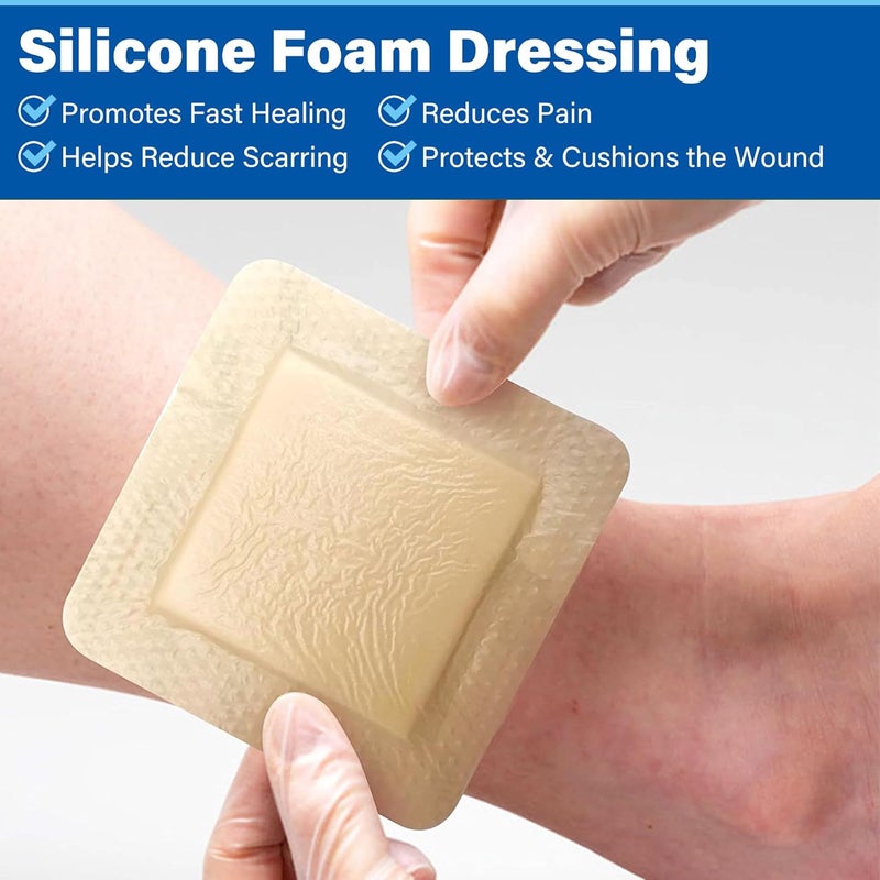 LotFancy Silicone Foam Dressing 4x 4 25x 25 Pad 10 Count Adhesive Wound Dressing with Border Bed Sores Pressure Ulcers Bandages Pads Sterile Highly Absorbent Waterproof - Image 4
