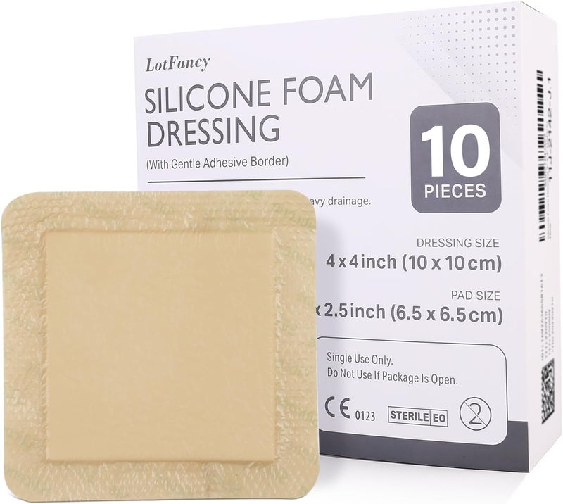 LotFancy Silicone Foam Dressing 4x 4 25x 25 Pad 10 Count Adhesive Wound Dressing with Border Bed Sores Pressure Ulcers Bandages Pads Sterile Highly Absorbent Waterproof - Image 1