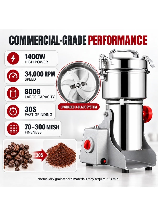 ET-LIFE 1400W 800g Grain Coffee Grinder, Superfine Mill 30s Speedy Grinding for Spice/Nut/Cereal/Coffee Bean Grains 34000RPM - Image 2
