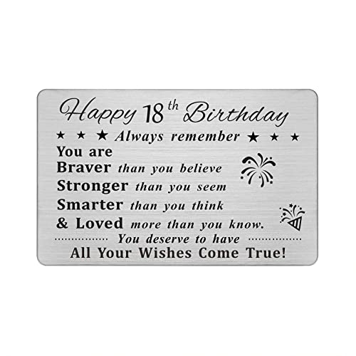 DEGASKEN Happy 18th Birthday Card, 18 Year Old Birthday Gifts for Boys Girls Teens, Permanent Engraved Steel Wallet Card - Image 1