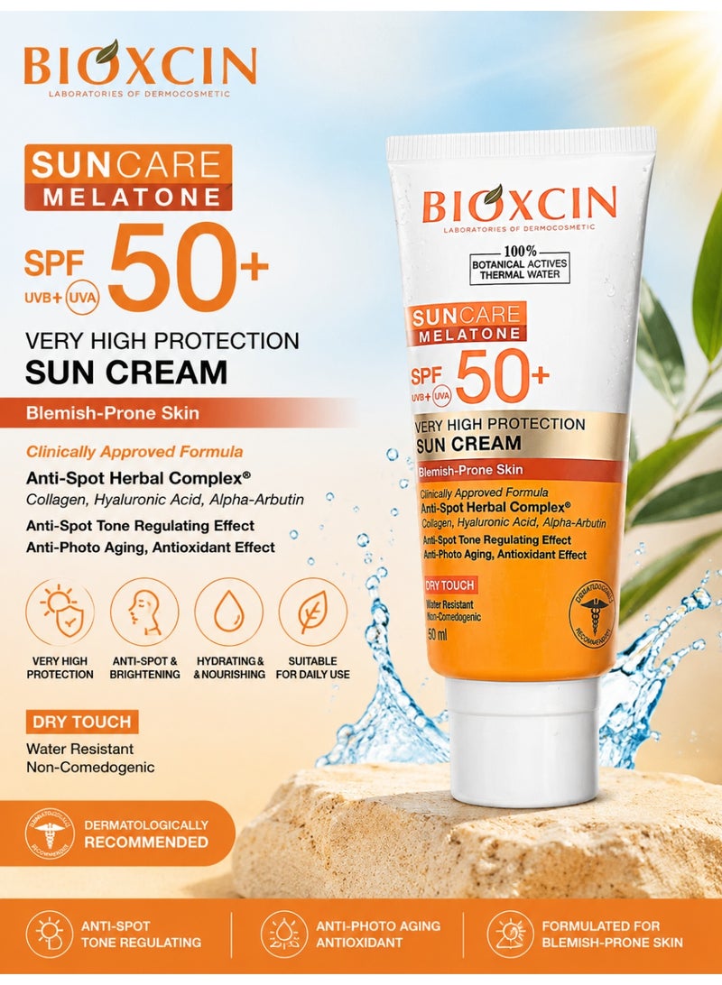 BIOXCIN Melatone SPF 50+ Very High Protection Sun Cream for Blemish-Prone Skin | Anti-Spot Formula with Alpha Arbutin, Hyaluronic Acid & Collagen | Dry Touch Water Resistant Sunscreen | 50ml - Image 3