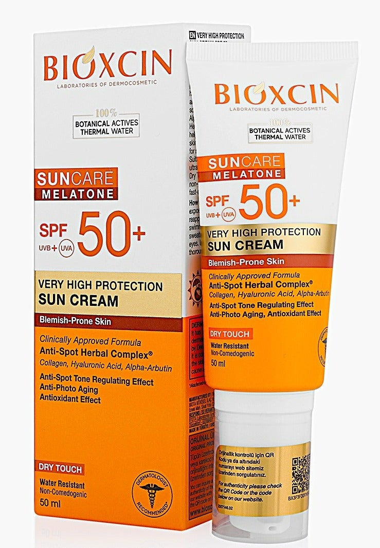 BIOXCIN Melatone SPF 50+ Very High Protection Sun Cream for Blemish-Prone Skin | Anti-Spot Formula with Alpha Arbutin, Hyaluronic Acid & Collagen | Dry Touch Water Resistant Sunscreen | 50ml - Image 1