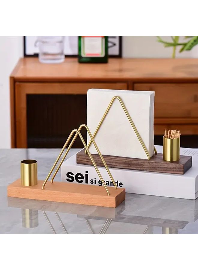 Walnut Wooden Vertical Tissue Holder With Metal Stand And Toothpick Box For Hotels Restaurants - Image 2