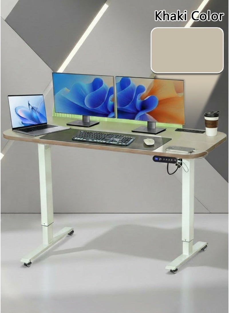 MWS-ForCamping Ergonomic Adjustable Desk | 20W Type-C & 3 UK Power Outlets | Space-Saving 120x60cm Khaki Computer Table & Gaming Table for Home Office - Image 1