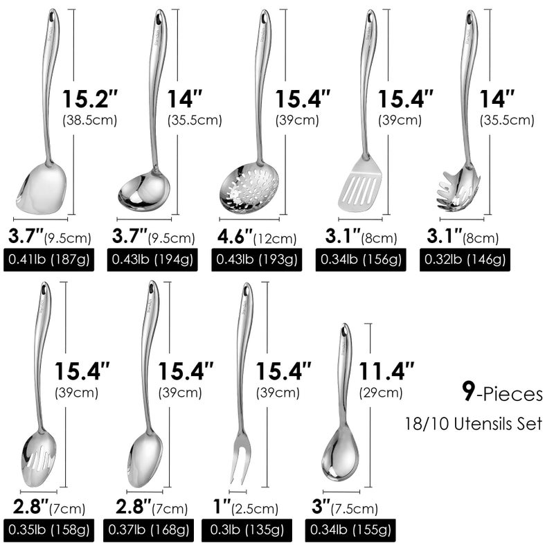 Standcn 304 Stainless Steel Kitchen Utensil Set - 9 PCS Serving Utensils, Cooking Utensil, Solid Spoon, Slotted Spoon, Fork, Spatula, Ladle, Skimmer Spoon, Slotted Spatula Tunner, Spaghetti Spoon, Large Spoon - Image 2