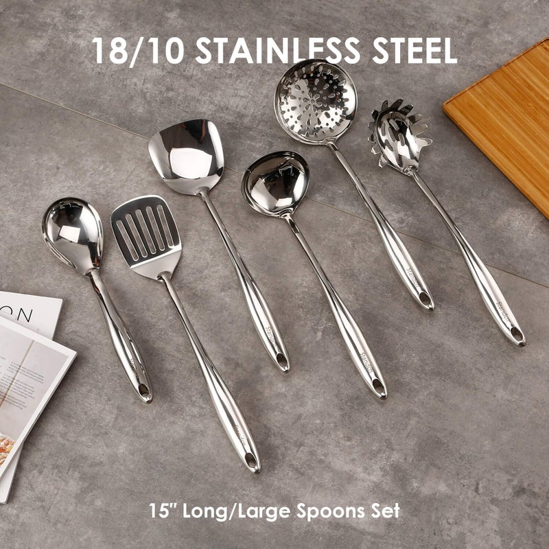 Standcn 304 Stainless Steel Kitchen Utensil Set - 9 PCS Serving Utensils, Cooking Utensil, Solid Spoon, Slotted Spoon, Fork, Spatula, Ladle, Skimmer Spoon, Slotted Spatula Tunner, Spaghetti Spoon, Large Spoon - Image 3