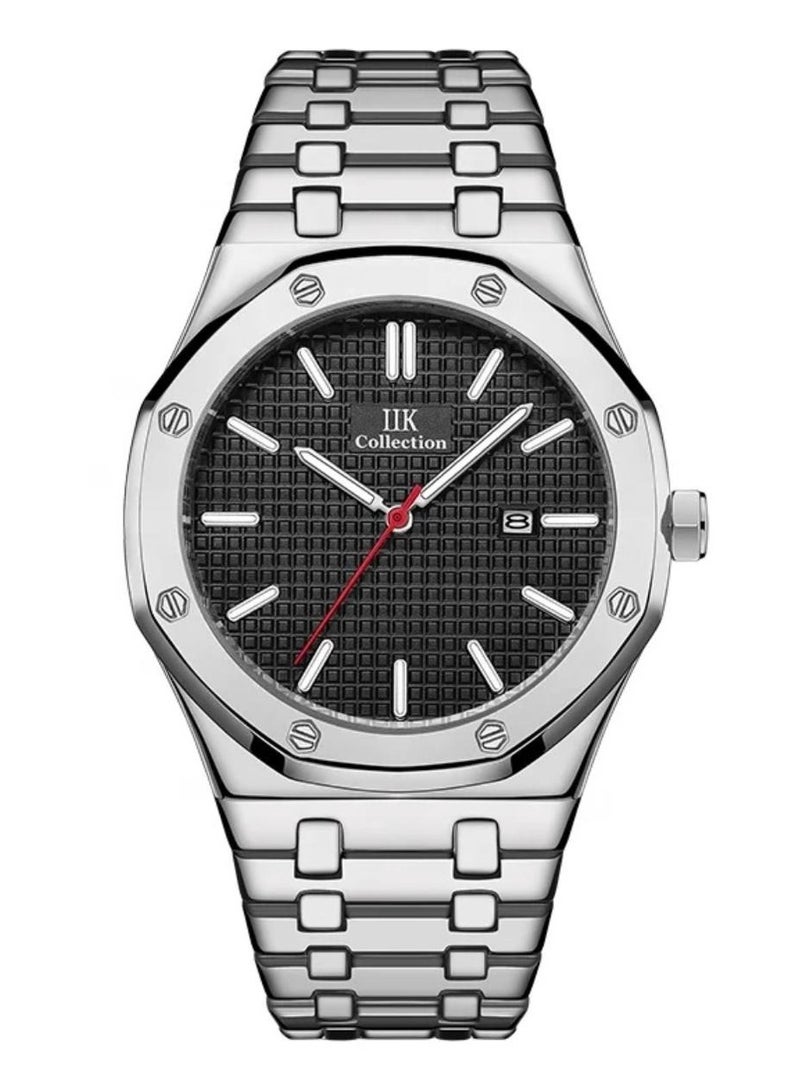 IIK Collection Men's Wrist Watch, Silver Band with black Dial