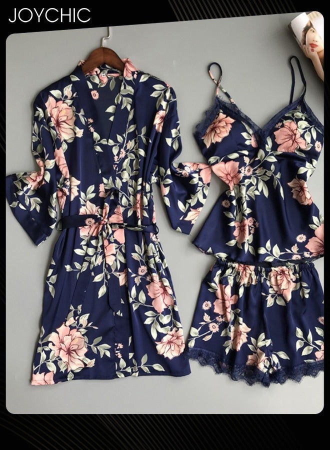 Joychic بيجامة نسائية مكونة من 3 قطع بتصميم زهور دانتيل فضفاضة ومريحة، بياقة على شكل V وأكمام ثلاثة أرباع، صديقة للبشرة، فستان نوم طويل للغرف المنزلية لجميع الفصول باللون الأزرق - Image 1