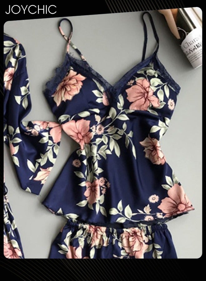 Joychic بيجامة نسائية مكونة من 3 قطع بتصميم زهور دانتيل فضفاضة ومريحة، بياقة على شكل V وأكمام ثلاثة أرباع، صديقة للبشرة، فستان نوم طويل للغرف المنزلية لجميع الفصول باللون الأزرق - Image 3