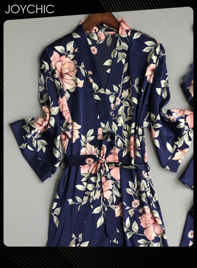 Joychic بيجامة نسائية مكونة من 3 قطع بتصميم زهور دانتيل فضفاضة ومريحة، بياقة على شكل V وأكمام ثلاثة أرباع، صديقة للبشرة، فستان نوم طويل للغرف المنزلية لجميع الفصول باللون الأزرق - Image 2