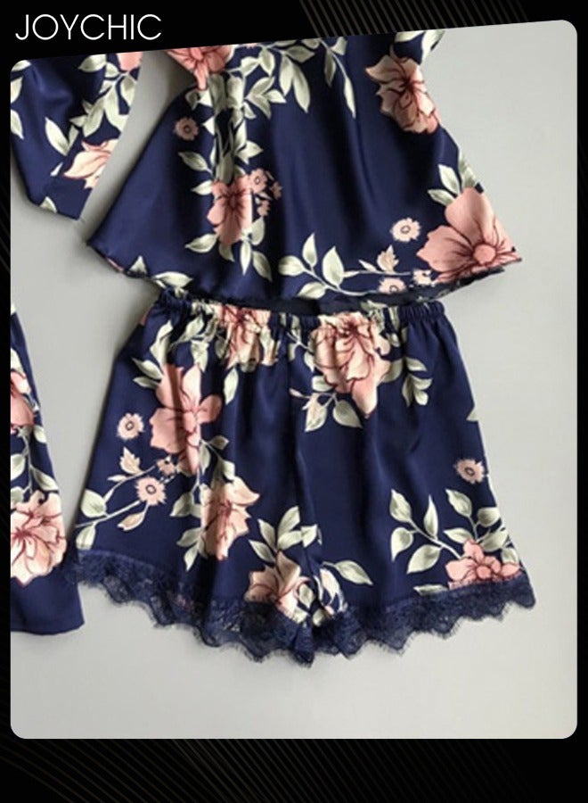 Joychic بيجامة نسائية مكونة من 3 قطع بتصميم زهور دانتيل فضفاضة ومريحة، بياقة على شكل V وأكمام ثلاثة أرباع، صديقة للبشرة، فستان نوم طويل للغرف المنزلية لجميع الفصول باللون الأزرق - Image 4