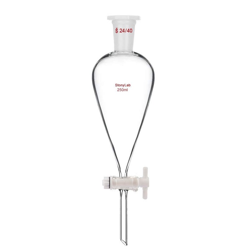stonylab Borosilicate Glass 250 ml Heavy Wall Conical Separatory Funnel with 24/40 Joints and PTFE Stopcock - Image 1