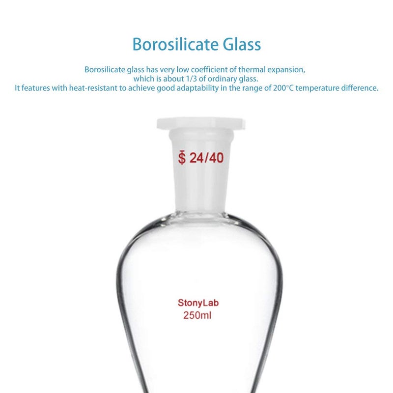 stonylab Borosilicate Glass 250 ml Heavy Wall Conical Separatory Funnel with 24/40 Joints and PTFE Stopcock - Image 3