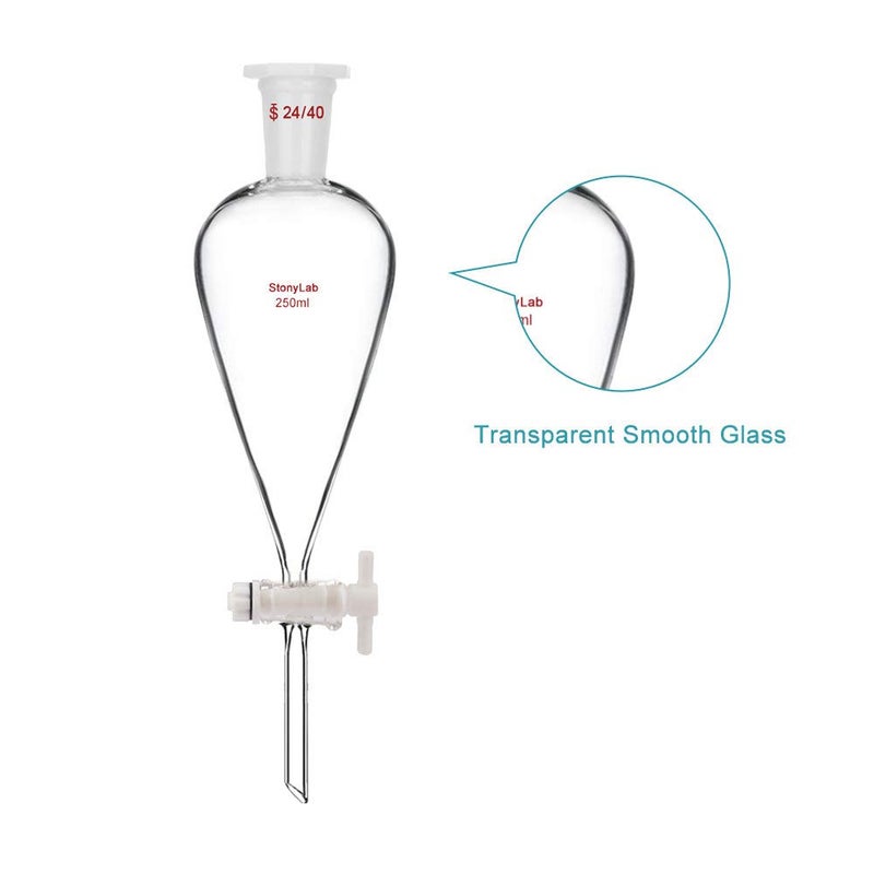 stonylab Borosilicate Glass 250 ml Heavy Wall Conical Separatory Funnel with 24/40 Joints and PTFE Stopcock - Image 4
