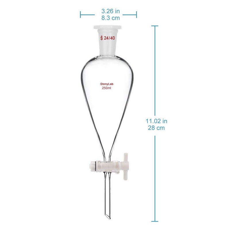 stonylab Borosilicate Glass 250 ml Heavy Wall Conical Separatory Funnel with 24/40 Joints and PTFE Stopcock - Image 2