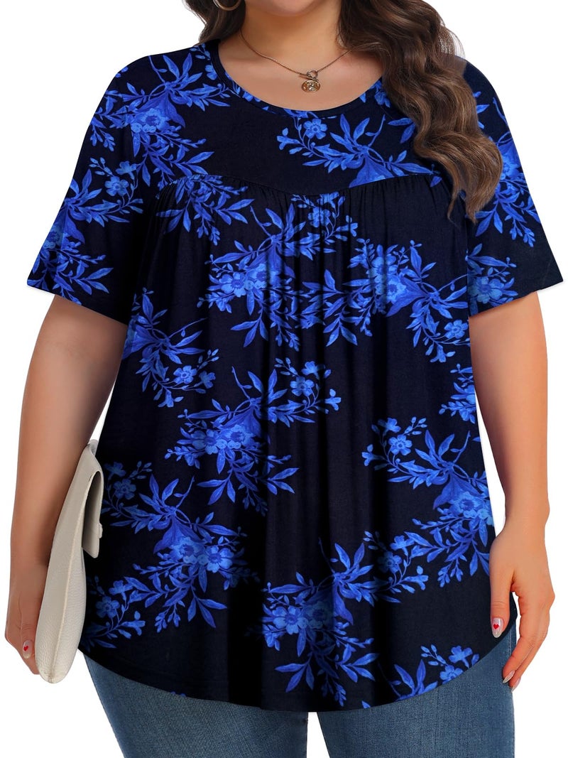 Tencede Womens Plus Size Tops Tunic Short Sleeve Crew Neck Shirts Casual Soft Blouse Black Blue Leaves 4X - Image 3