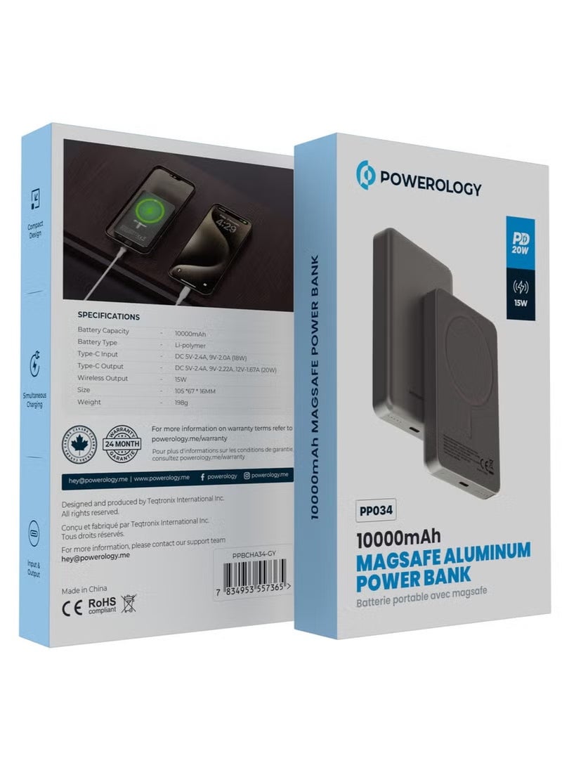10000mAh Magsafe Power Bank 20W PD & 15W Wireless / Simultaneous Charging / Compact Design / USB-C Output & Input - Dark Grey