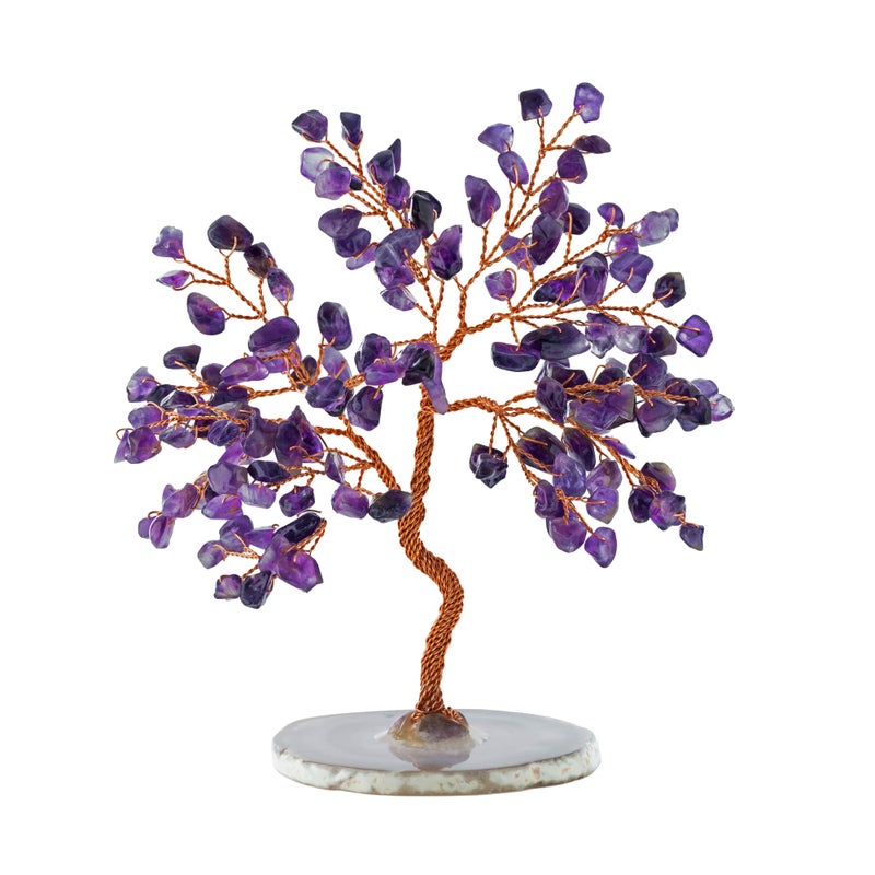 KARMA AND LUCK Oasis Real Amethyst Crystal Feng Shui Tree of Life Home Decor Wrapped in Copper Wire on Agate Base Handmade in Bali Small 6