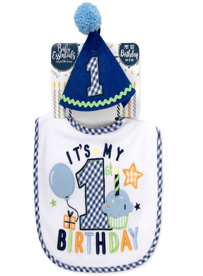 Baby Essentials Baby Boy 1st Birthday Bib and Party Hat Set - Blue Gingham “It’s My 1st Birthday” Design, Perfect for Photos & Gifts - Image 1