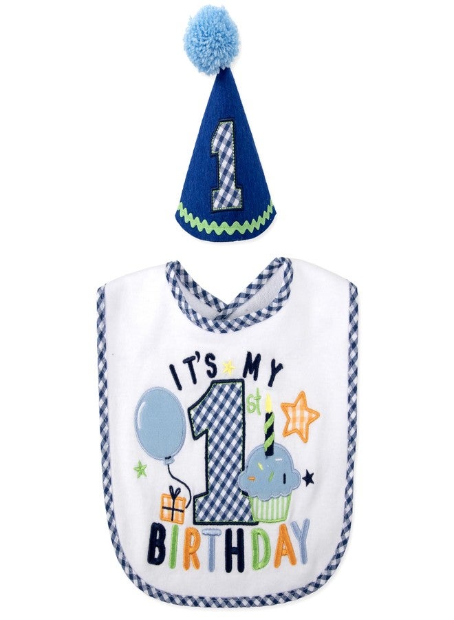 Baby Essentials Baby Boy 1st Birthday Bib and Party Hat Set - Blue Gingham “It’s My 1st Birthday” Design, Perfect for Photos & Gifts - Image 2
