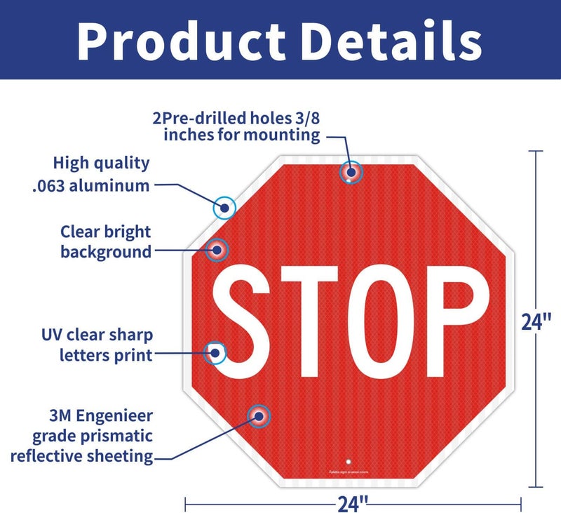 Faittoo Stop Signs, (2 Pack) 24 x 24 Inches Octagon Engineer Grade Reflective Sheeting Street Slow Warning Signs, Rust Free Aluminum, UV Protected and Waterproof, Weather Resistant, Durable Ink - Image 2