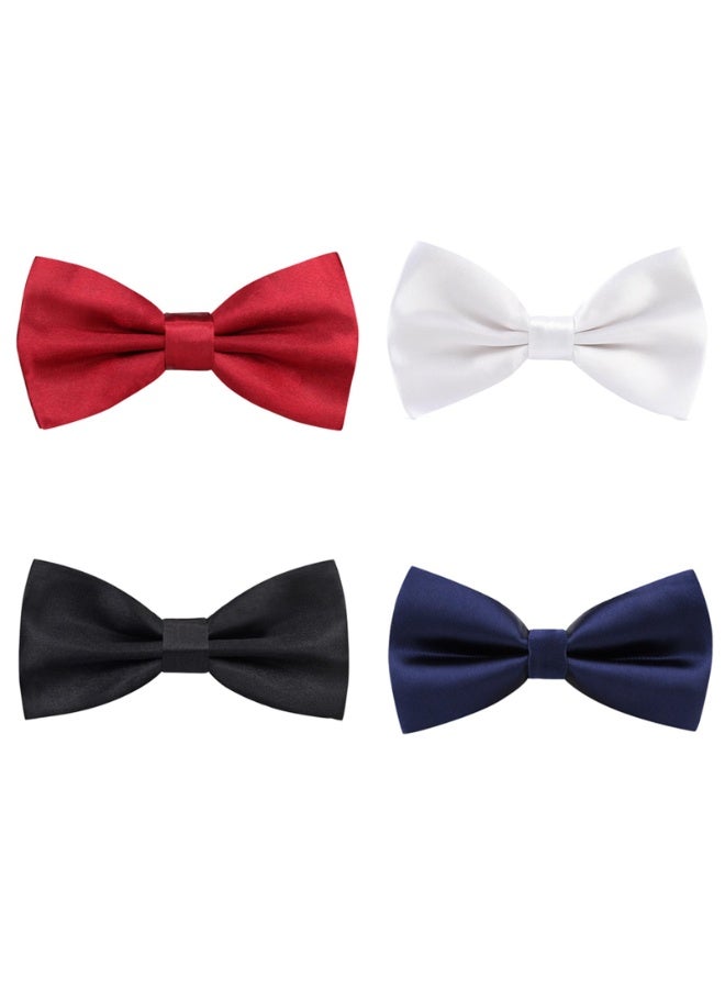 Classic Pre-Tied Bow Ties 4-Pack, Solid Color Satin, Adjustable, 6x12 cm - Red, White, Black, Navy Blue - Image 1