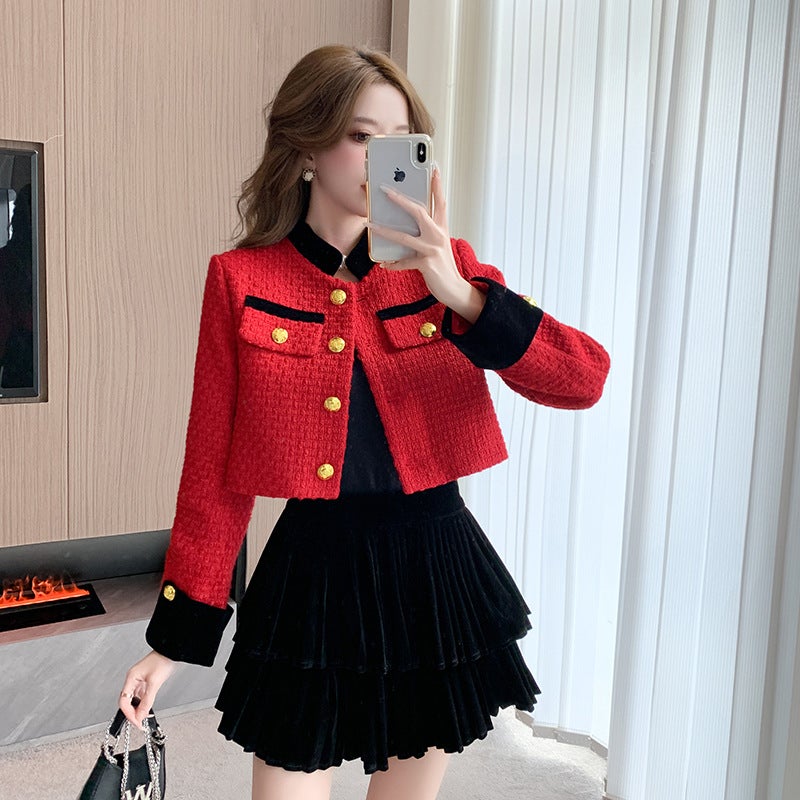 Chic Velour Dress  Jacket Set Women Autumn/Winter 2023 Cake skirt - Image 1