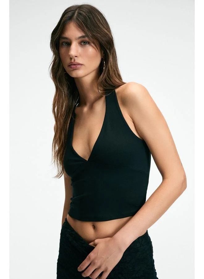 Grimelange MORIENNE Women's Halter Neck Thick-Strap Open-Back Crop Black Blouse.