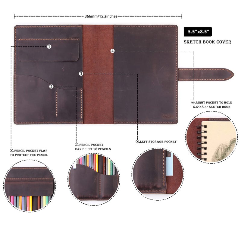 Robrasim Handmade Leather Sketchbook Cover, Leather Artist Sketch Pad Cover for 5.5" x 8.5" Sketchbook, Drawing Book and Pencil Case, Journal Notebook Portfolio, Artis Gifts-Coffee - Image 4