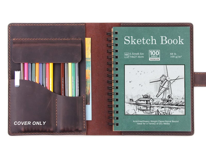 Robrasim Handmade Leather Sketchbook Cover, Leather Artist Sketch Pad Cover for 5.5" x 8.5" Sketchbook, Drawing Book and Pencil Case, Journal Notebook Portfolio, Artis Gifts-Coffee - Image 1