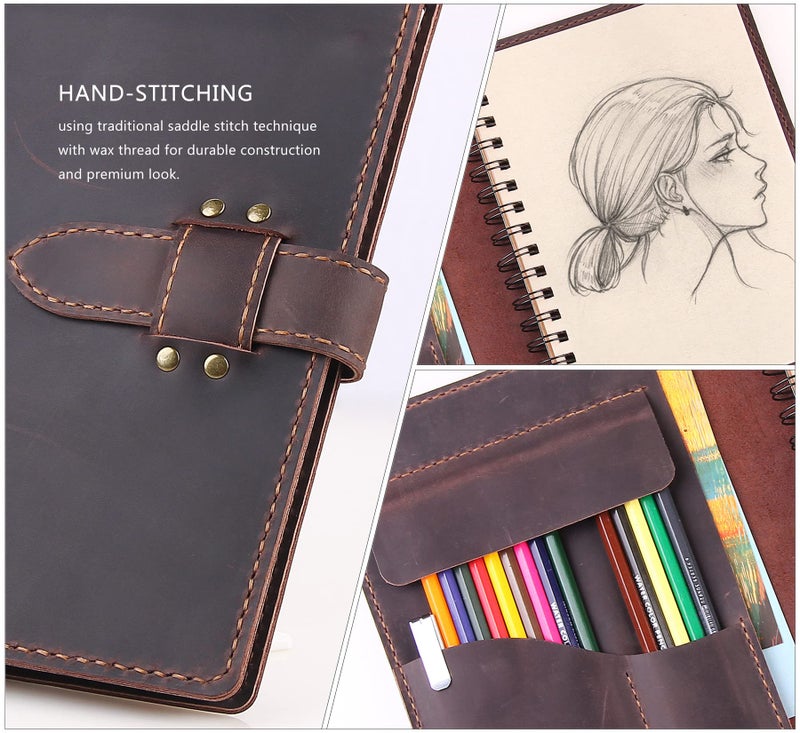 Robrasim Handmade Leather Sketchbook Cover, Leather Artist Sketch Pad Cover for 5.5" x 8.5" Sketchbook, Drawing Book and Pencil Case, Journal Notebook Portfolio, Artis Gifts-Coffee - Image 5