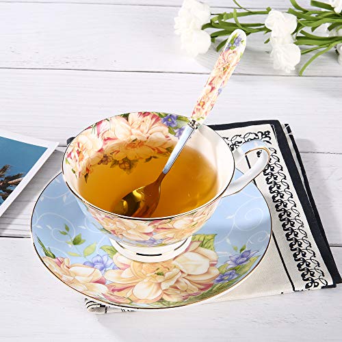 JinGlory Blue Tea Cup,Floral Tea Cup and Saucer Set,Bone China Tea Set,Coffee Cup,Tea Set for Adults/Friends/Women/Men,7OZ - Image 3