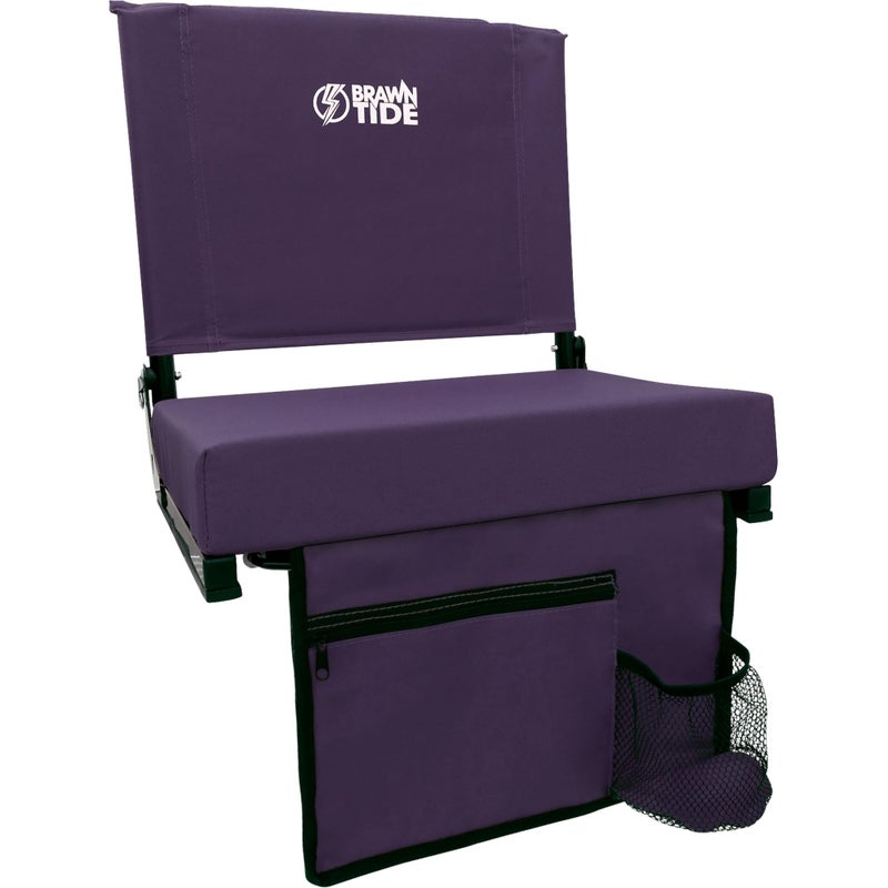 BRAWNTIDE Wide Stadium Seat Chair - Extra Thick Cushion, Portable, Light, Ideal for Back Support, Sporting Events, Includes 2 Bleacher Hooks, Shoulder Strap, 3 Storage Pockets (Purple, 1 Pack)