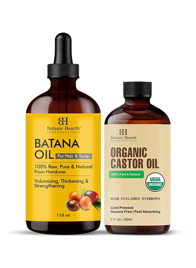 Botanic Hearth Pack Of 2, Organic Castor Oil 60 Ml, Usda Certified Organic,100% Pure And Hexane Free, With Eyebrow And Eyelash Brush And 118 Ml Raw Batana Oil For Hair Growth For Thicker, Stronger Hair