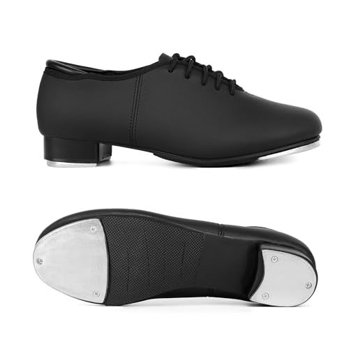 DWBH Unisex Tap Shoes PU Leather Slip On Lace-Up Dance Shoes for Women and Men Black 4M - Image 5