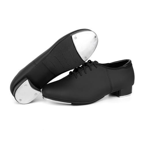 DWBH Unisex Tap Shoes PU Leather Slip On Lace-Up Dance Shoes for Women and Men Black 4M - Image 4
