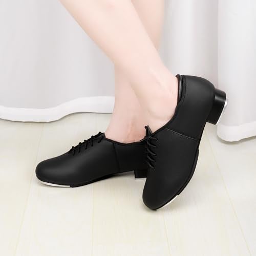 DWBH Unisex Tap Shoes PU Leather Slip On Lace-Up Dance Shoes for Women and Men Black 4M - Image 2