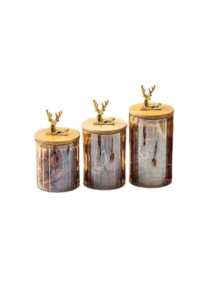 Decorative Glass Storage Jar with Gold Deer Lid, Clear Container for Kitchen Storage, Bamboo Top, Modern Design - Image 1