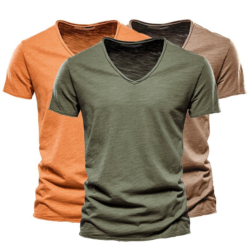 2-Pack Men''s Solid Color Slub Cotton V-Neck Short-Sleeve T-Shirts, Pure Cotton and Style Men''s Clothing, Same Style Trendy Brand, Moisture-Wicking and Sweat-Wicking - Image 1