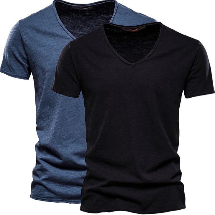 2-Pack Men''s Solid Color Slub Cotton V-Neck Short-Sleeve T-Shirts, Pure Cotton and Style Men''s Clothing, Same Style Trendy Brand, Moisture-Wicking and Sweat-Wicking - Image 2
