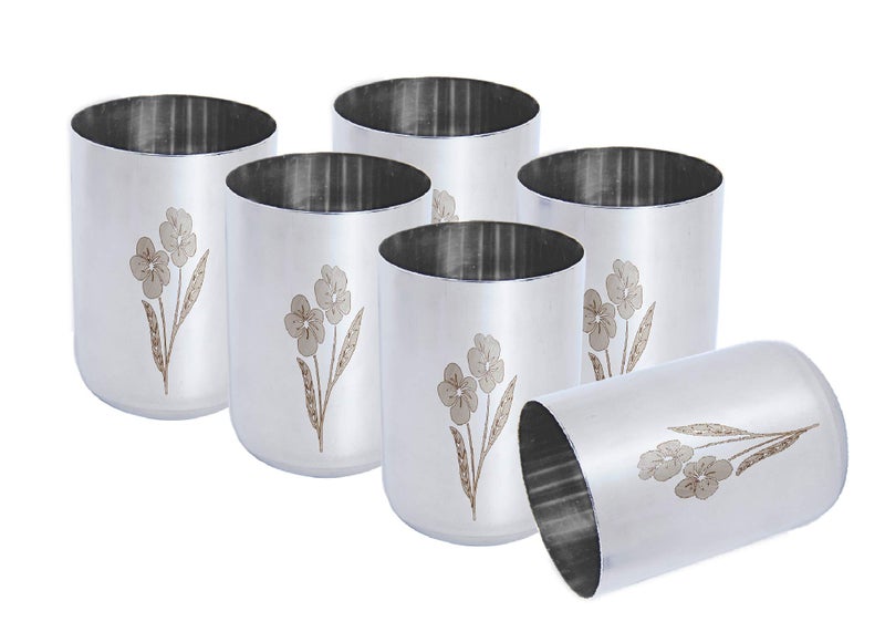 Dharam Paul Traders Stainless Steel Water Glasses Set of 6, Juice Glasses Set of 6, Flower Design, 300 ml Each. - Image 1