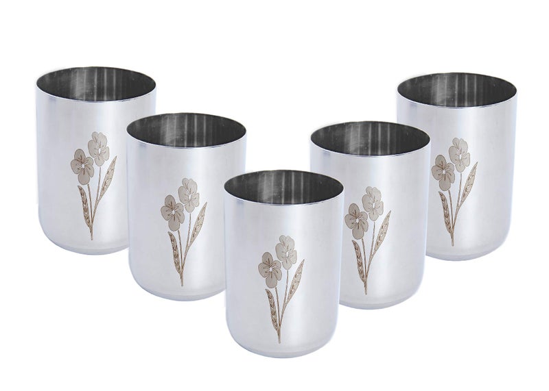 Dharam Paul Traders Stainless Steel Water Glasses Set of 6, Juice Glasses Set of 6, Flower Design, 300 ml Each. - Image 2